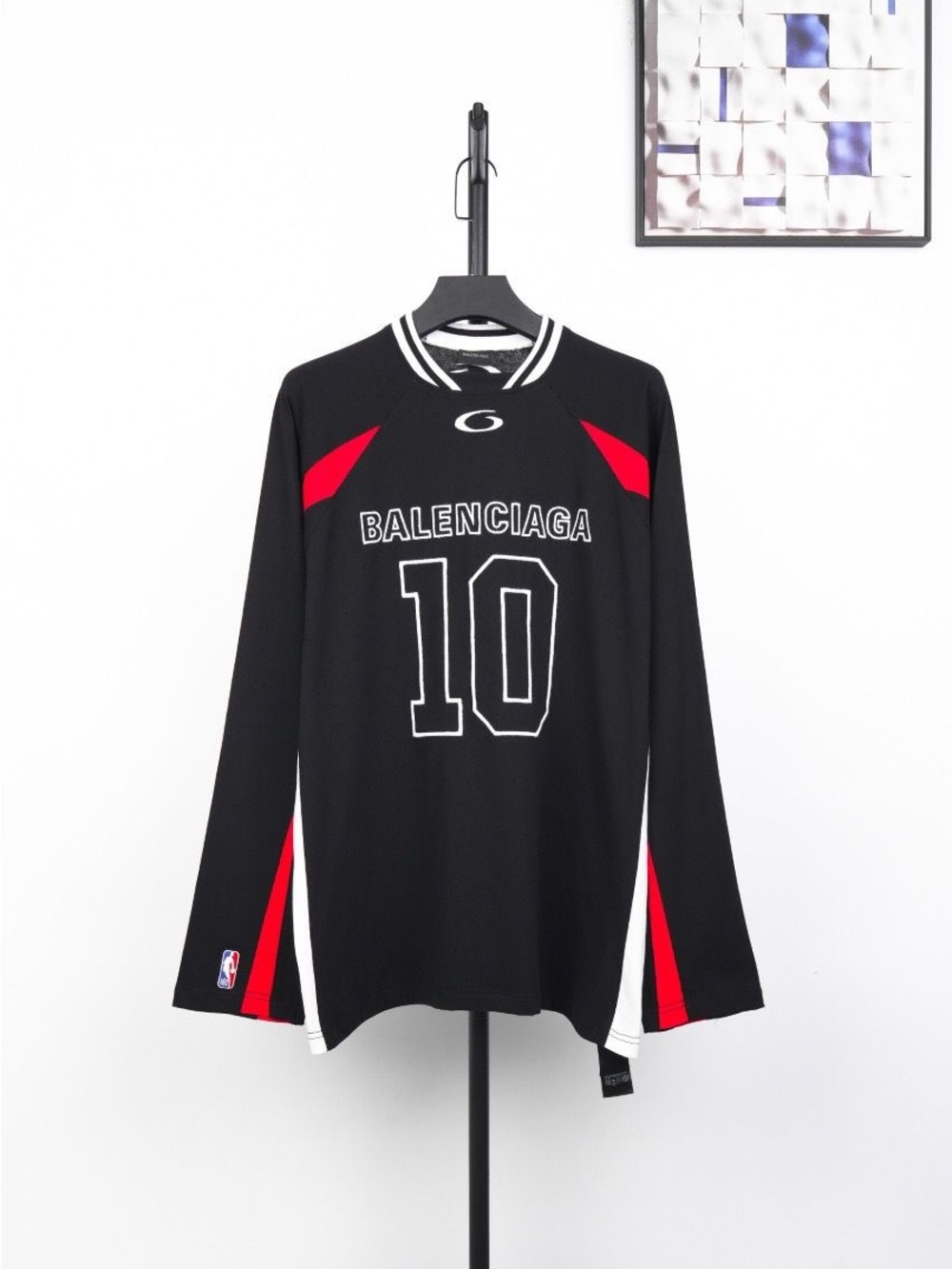 Balenciaga Black Jersey Shirt with Red Accents and White Trim